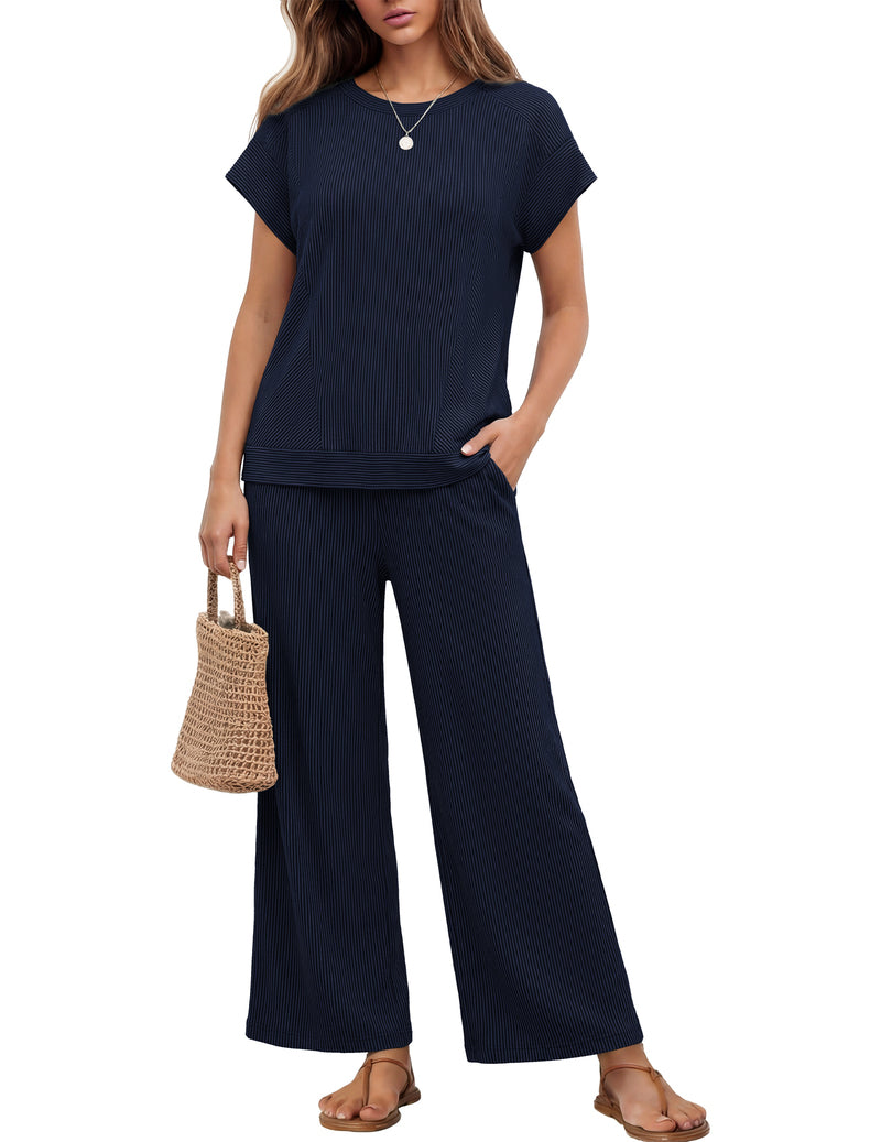 Ribbed short-sleeve top and wide-leg pants set, navy, round neck, wide-leg pants
