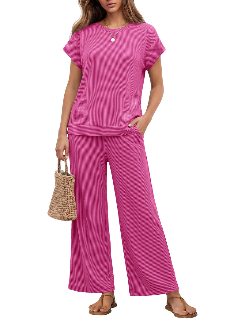 Ribbed short-sleeve top and wide-leg pants set, hot pink, round neck, wide-leg pants