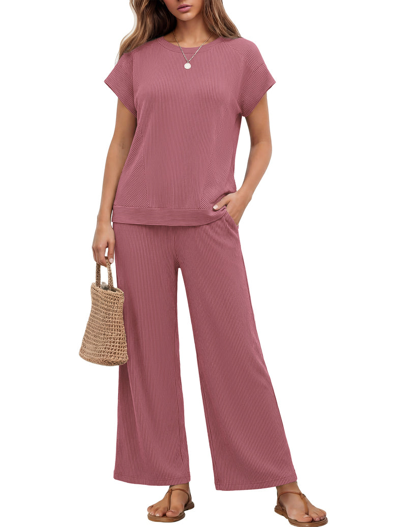 Ribbed short-sleeve top and wide-leg pants set, mauve pink, round neck, wide-leg pants