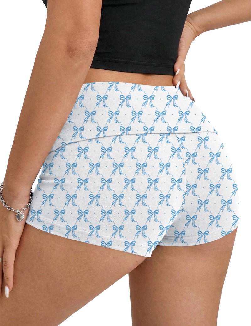 Blue and white floral print fold-over low-waist shorts with wide band and curved hem