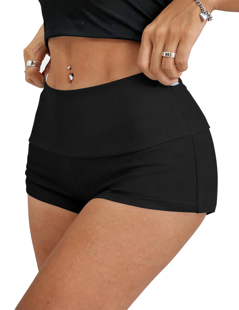 Fold-over low waist shorts in solid black with wide fold-over waistband