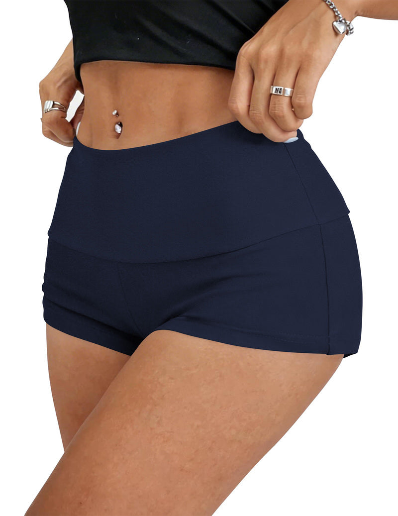 Fold-over low waist shorts in solid navy with wide fold-over waistband