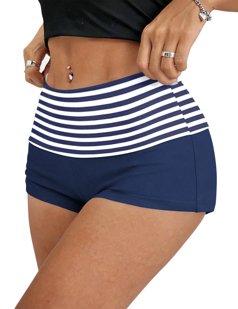 Low-waist fold-over shorts in navy and white horizontal stripes