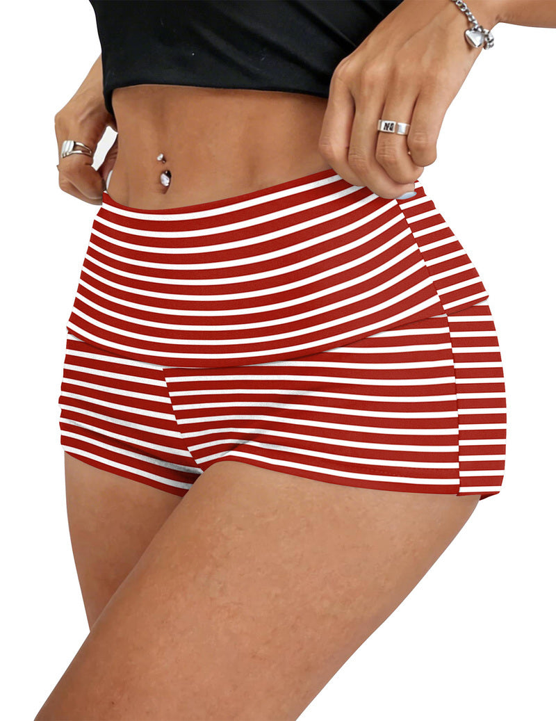 Low-waist fold-over shorts in red with white horizontal stripes