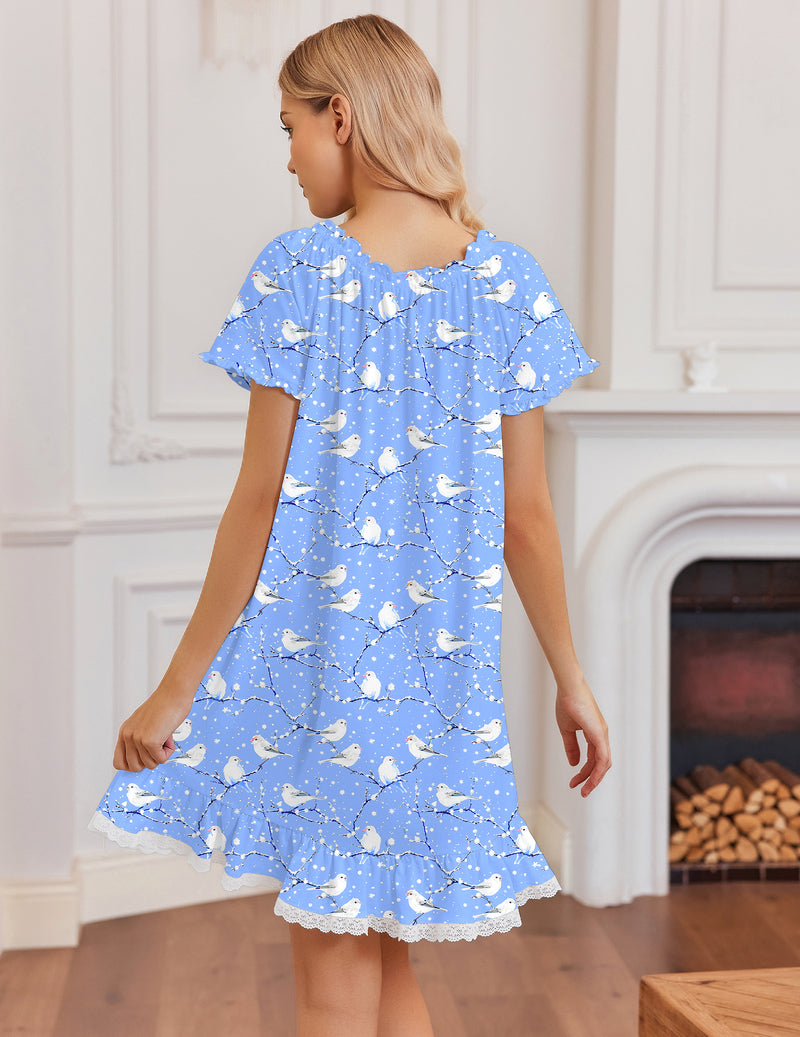 Blue bird-print cotton nightgown with lace-trimmed hem and back yoke ruffles