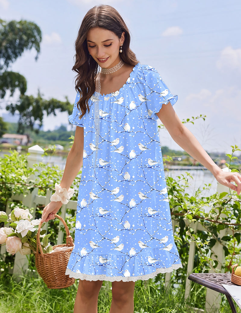 Light blue cotton sleep dress with bird-and-branch print and lace-trimmed hem
