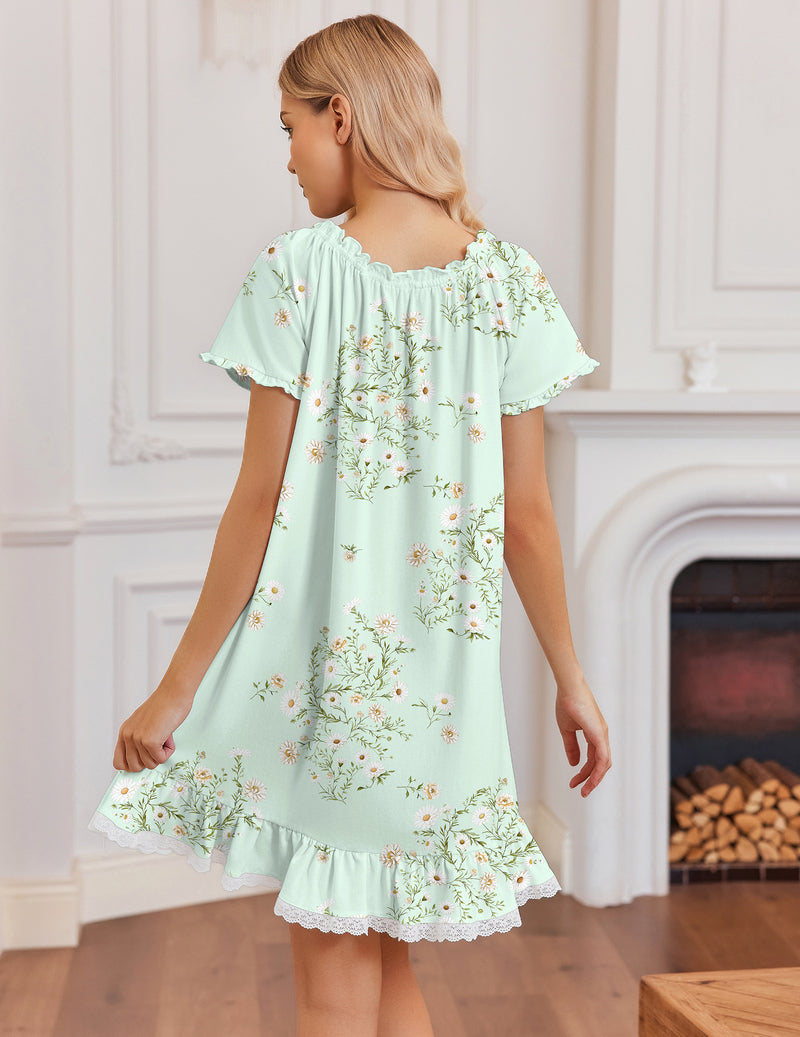 Mint green floral cotton nightgown with lace-trimmed hem and puffed sleeves