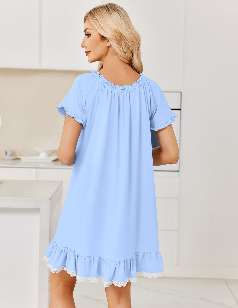 Light blue cotton nightgown with lace-trim neckline, short sleeves, and ruffled hem