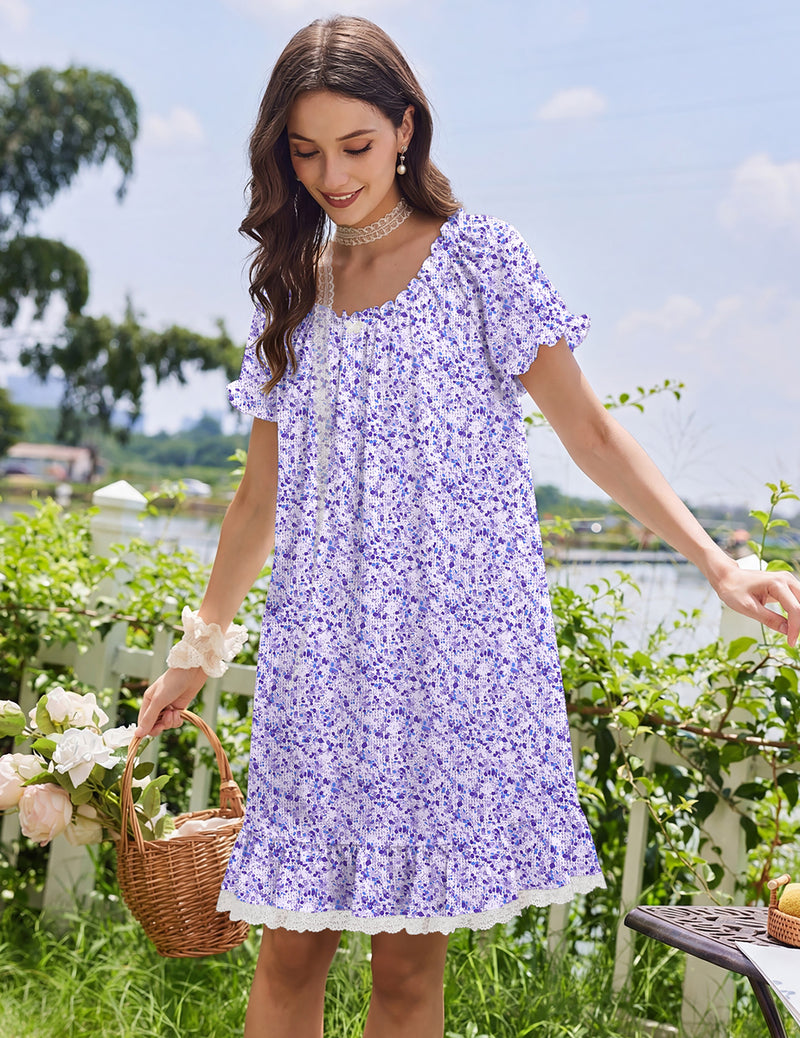 Purple floral cotton nightgown with lace-trim hem and short ruffle sleeves