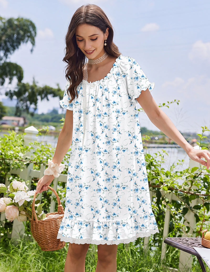 Cotton Nightgown – Victorian Short Sleeve Sleep Dress with Lace Trim
