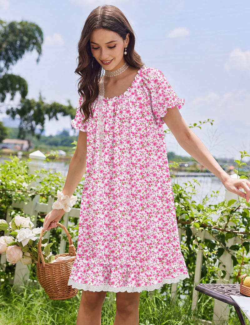 Cotton Nightgown – Victorian Short Sleeve Sleep Dress with Lace Trim
