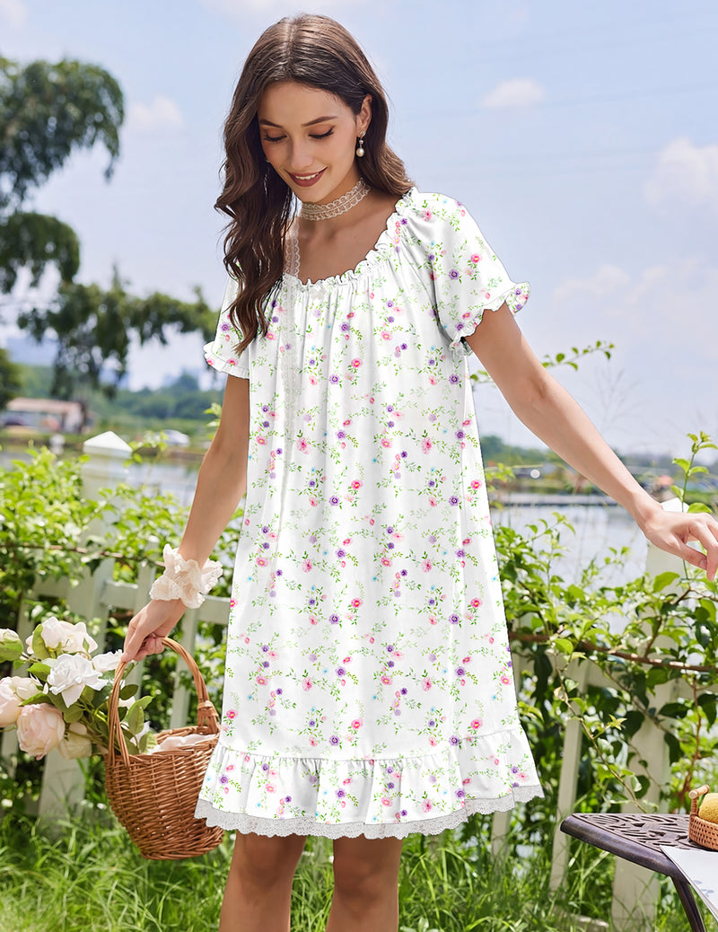 Cotton Nightgown – Victorian Short Sleeve Sleep Dress with Lace Trim