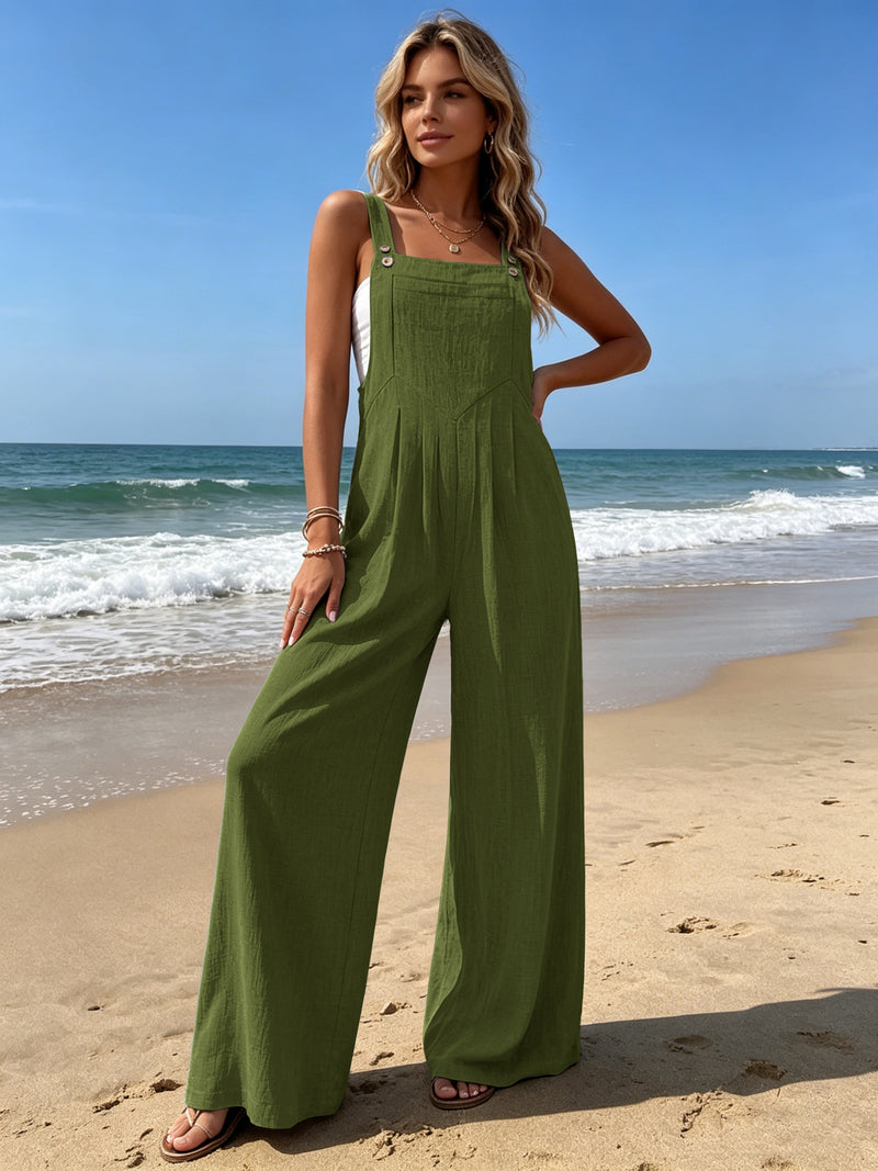 Olive green wide-leg sleeveless overalls with button straps and gathered bib front