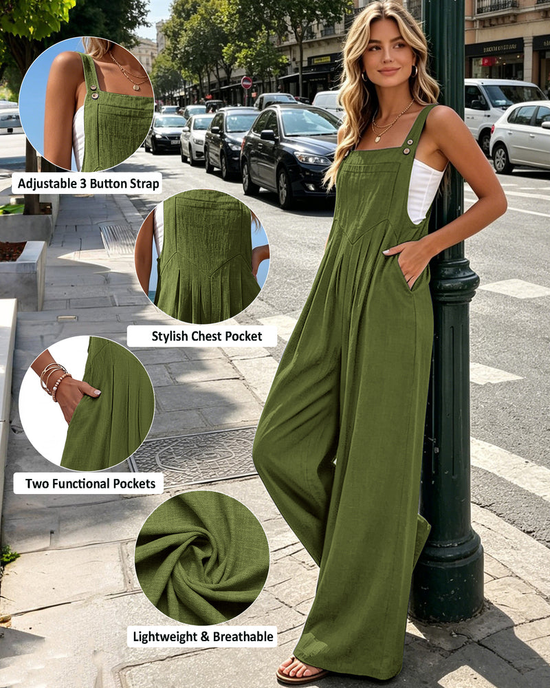 Olive green wide-leg overalls with adjustable 3-strap detail and front chest pocket