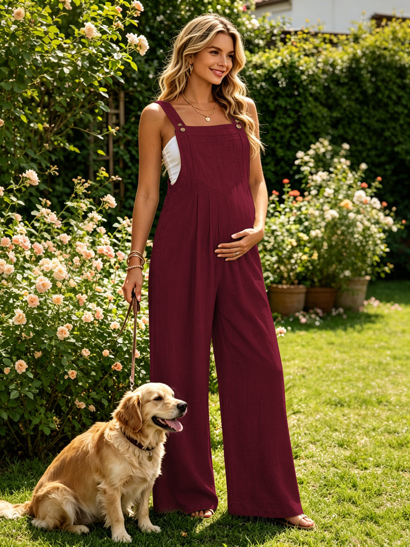Burgundy wide-leg overalls with square neckline and adjustable shoulder straps