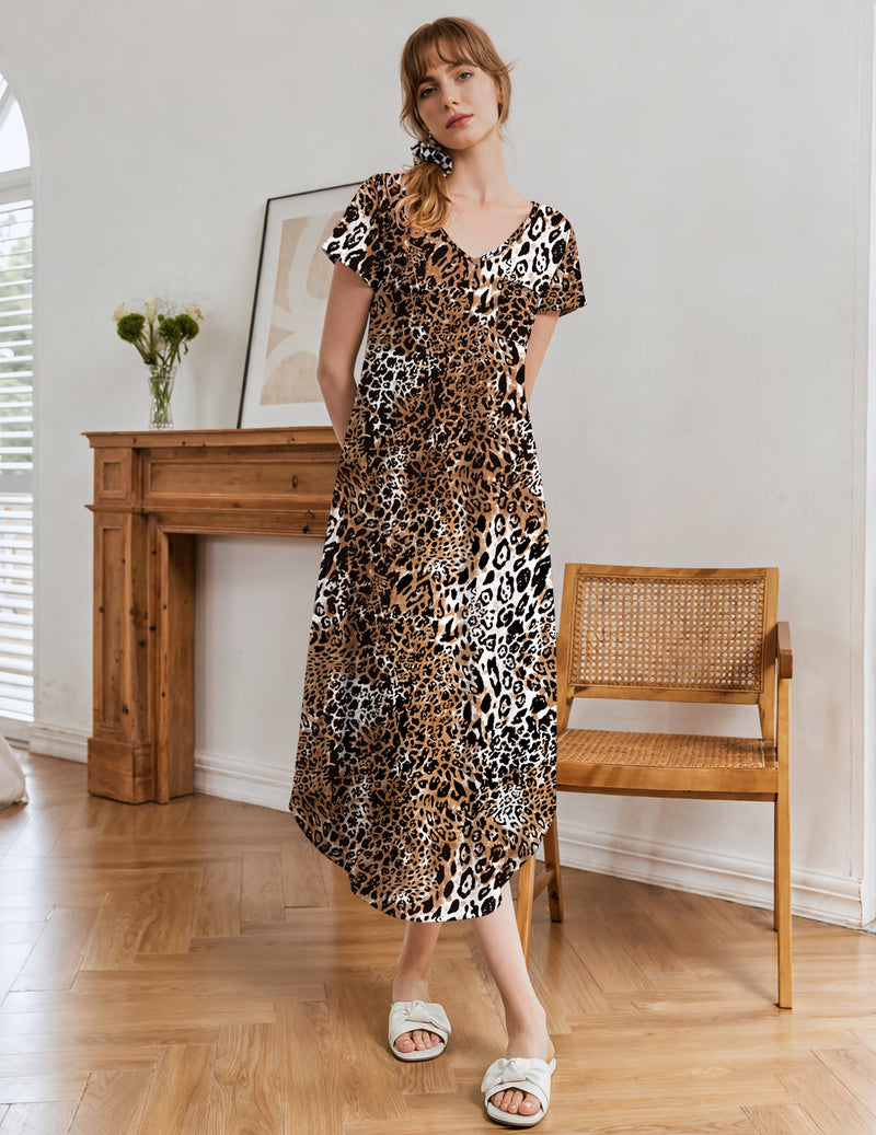 Brown leopard print short-sleeve V-neck nightgown, knee-length