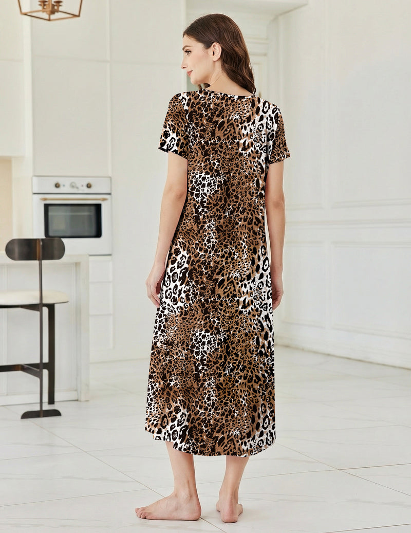 Leopard print short-sleeve nightgown with scoop back, knee-length