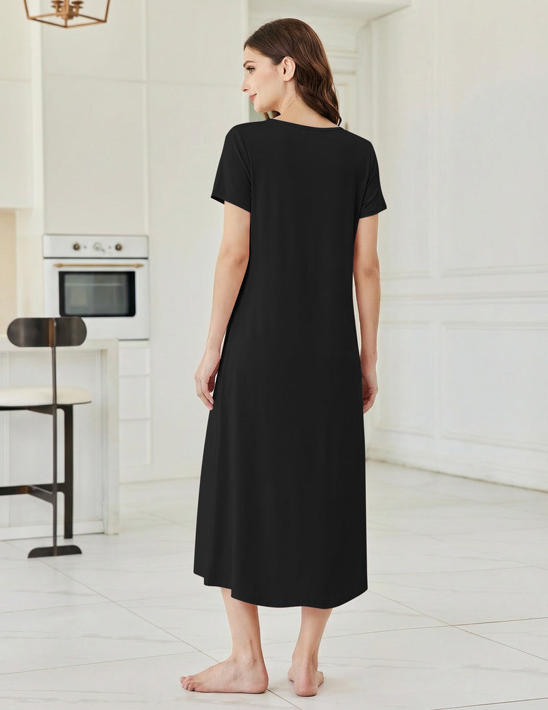 Black short-sleeve nightgown with back yoke, knee-length