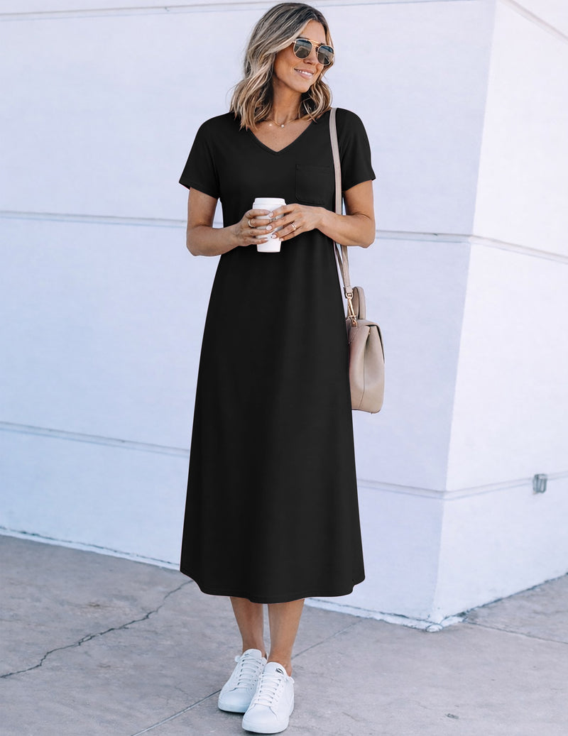 Black short-sleeve V-neck nightgown with relaxed A-line, knee-length