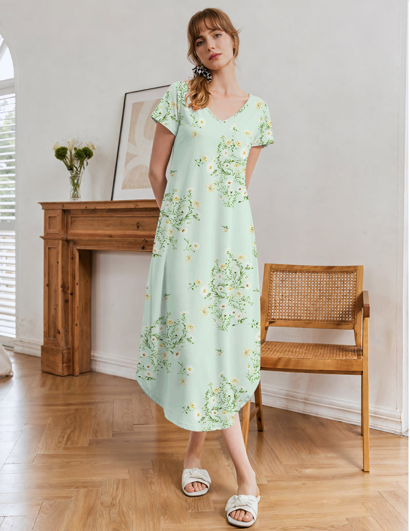 Aqua green floral short-sleeve nightgown with V-neck and midi length