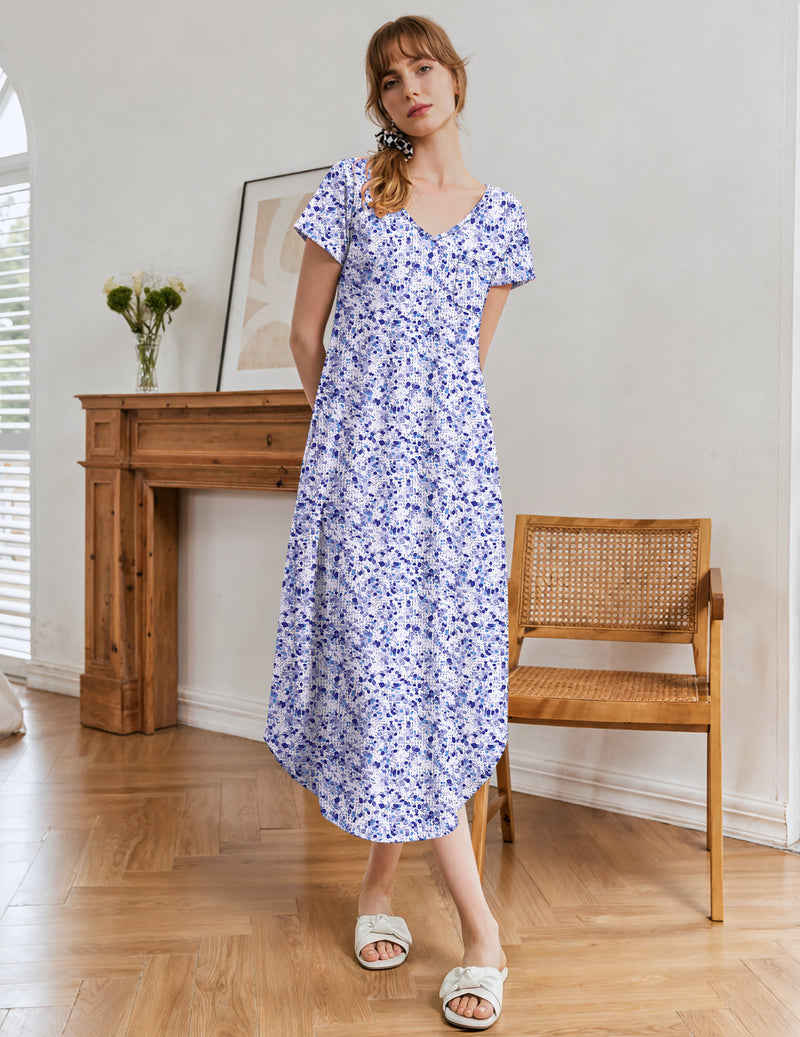 Purple-blue floral short-sleeve nightgown with V-neck and midi length