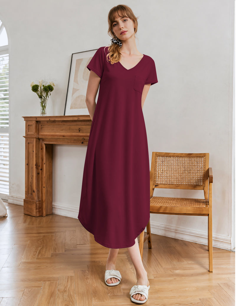 Cherry red short-sleeve nightgown with V-neck and midi length