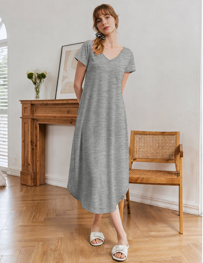 Light grey heather short-sleeve nightgown with V-neck and midi length