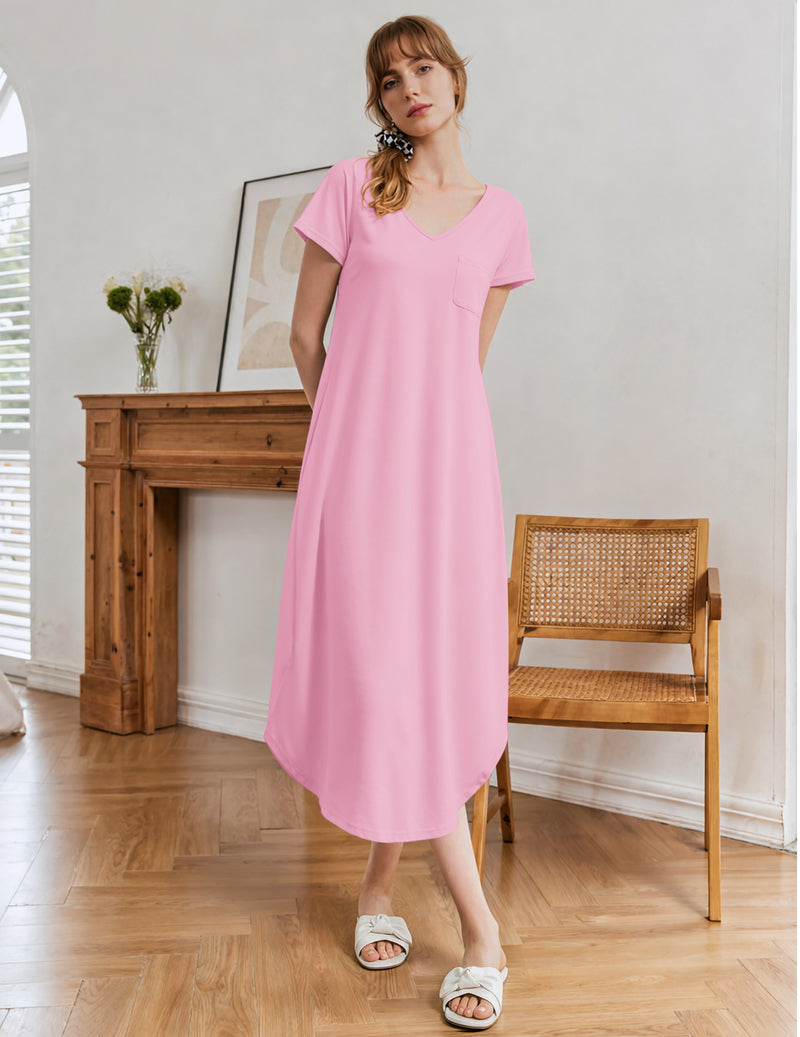 Light pink short-sleeve nightgown with V-neck and midi length