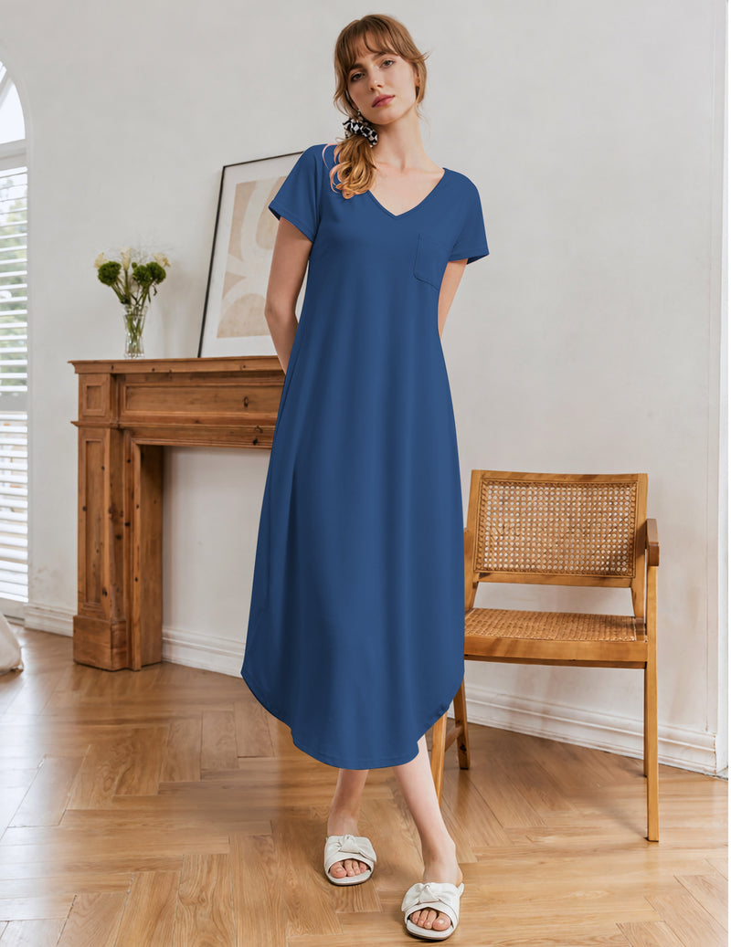 Peacock blue short-sleeve nightgown with V-neck and midi length