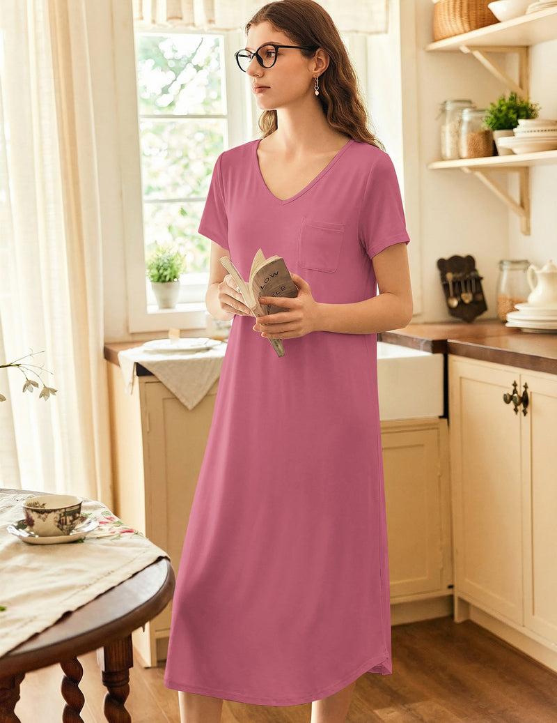 Misty rose short-sleeve V-neck nightgown, relaxed midi fit
