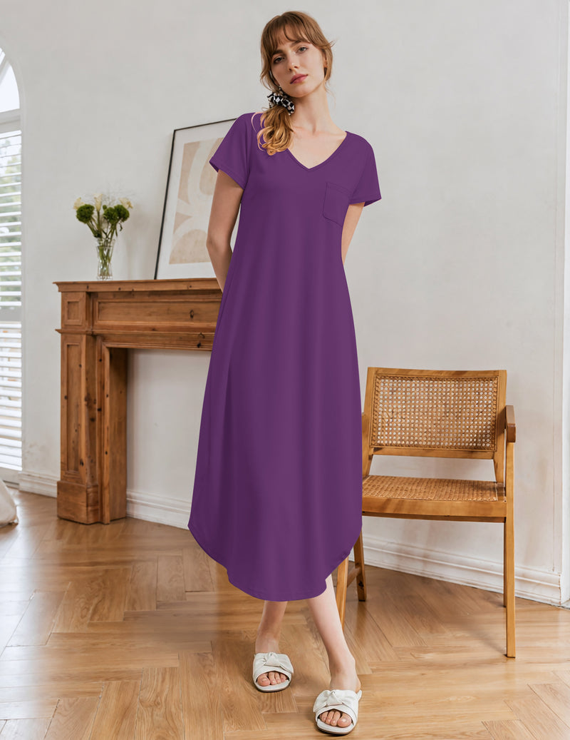 Purple short-sleeve V-neck nightgown with midi length