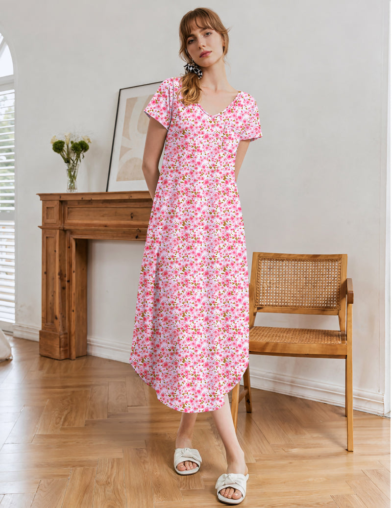 Pink floral short-sleeve nightgown with V-neck and midi length