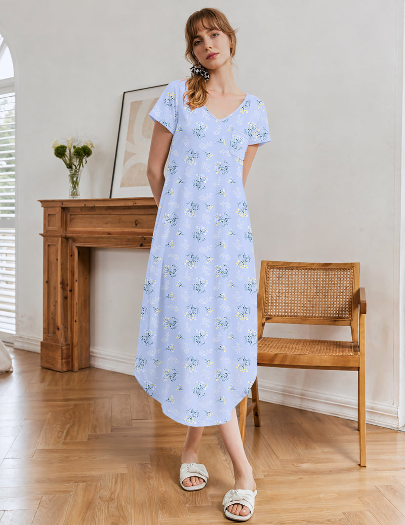 Light blue floral short-sleeve V-neck nightgown, knee-length
