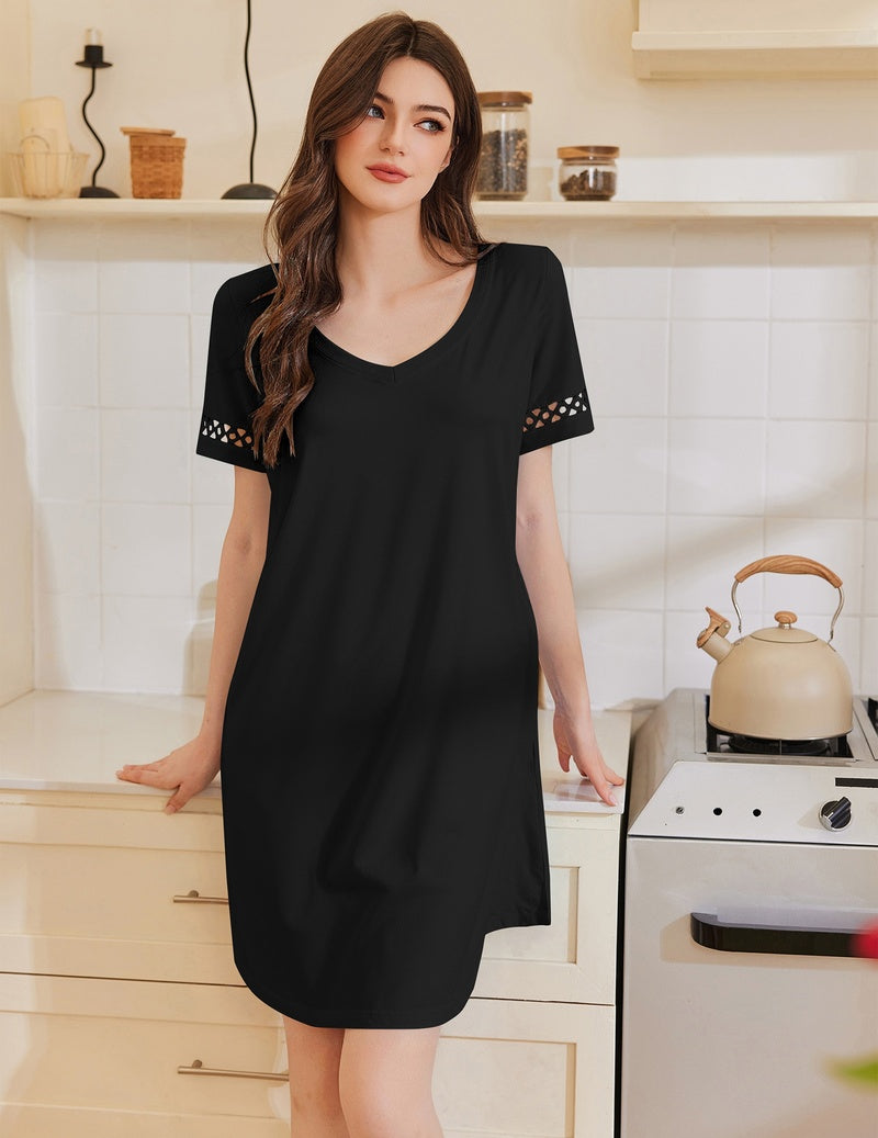 Black cotton V-neck short sleeve nightgown with straight hem and subtle cutout lace detail