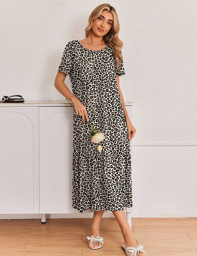 Leopard-print long short-sleeve nightgown with round neck, black and light tan tones.