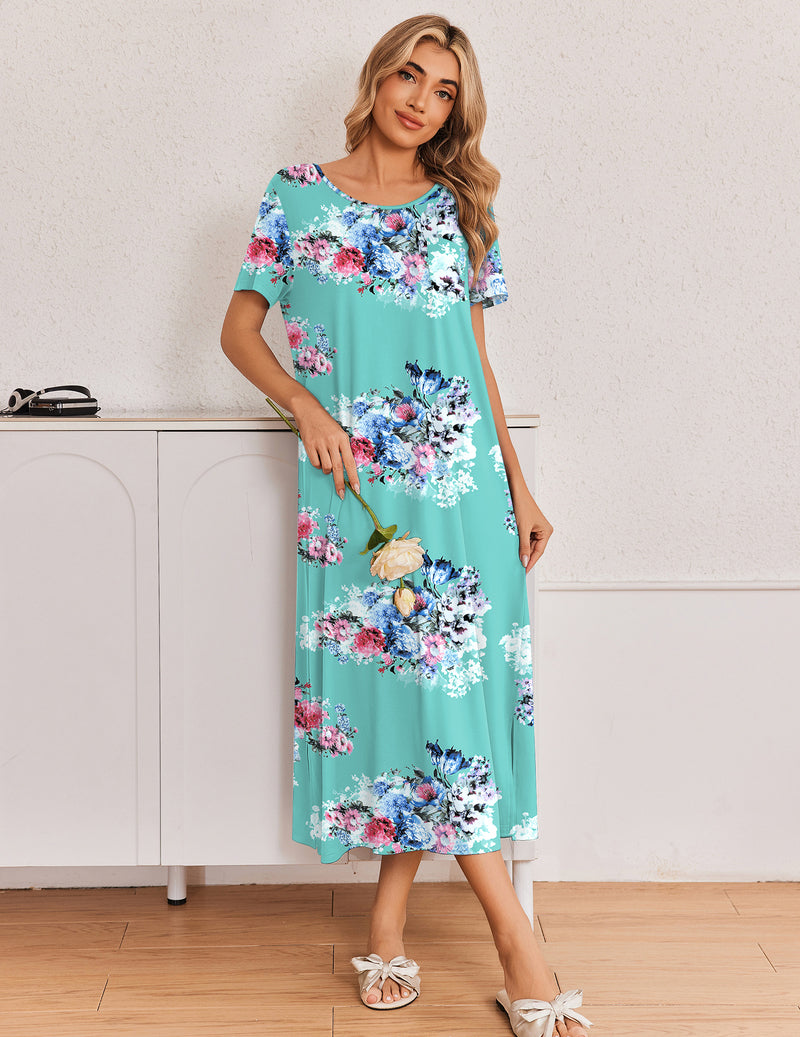 Long short-sleeve nightgown in turquoise with colorful floral print and round neckline.