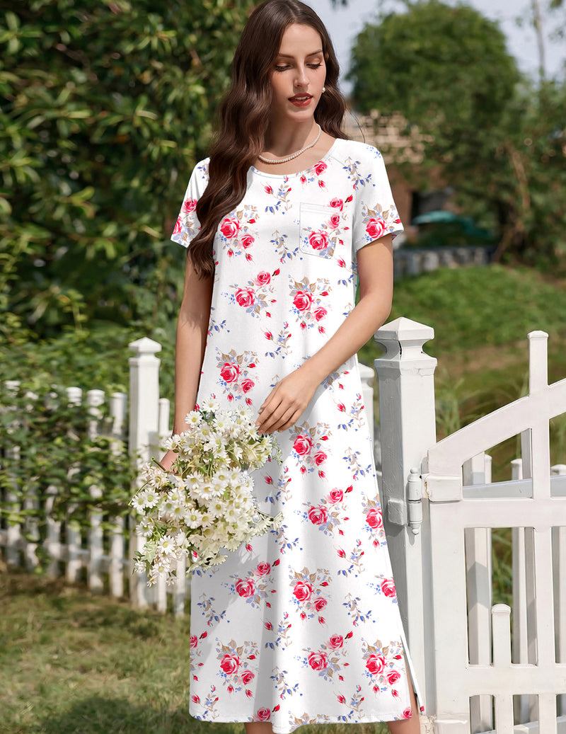 White short-sleeve long nightgown with red floral print and crew neckline.