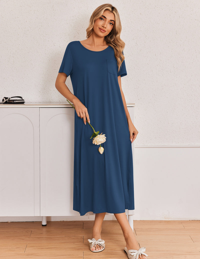 Navy blue long short-sleeve nightgown with yellow floral applique at the front.