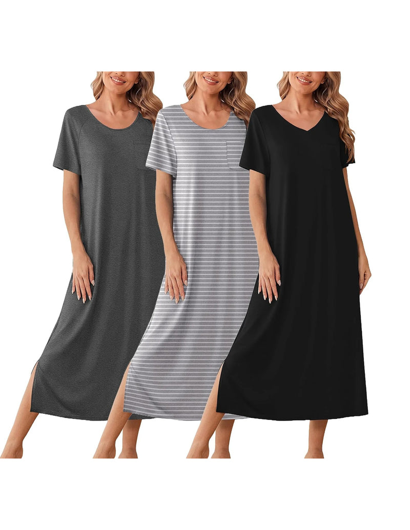 Three-pack long short-sleeve nightgowns: dark gray solid, gray stripe, and black solid.