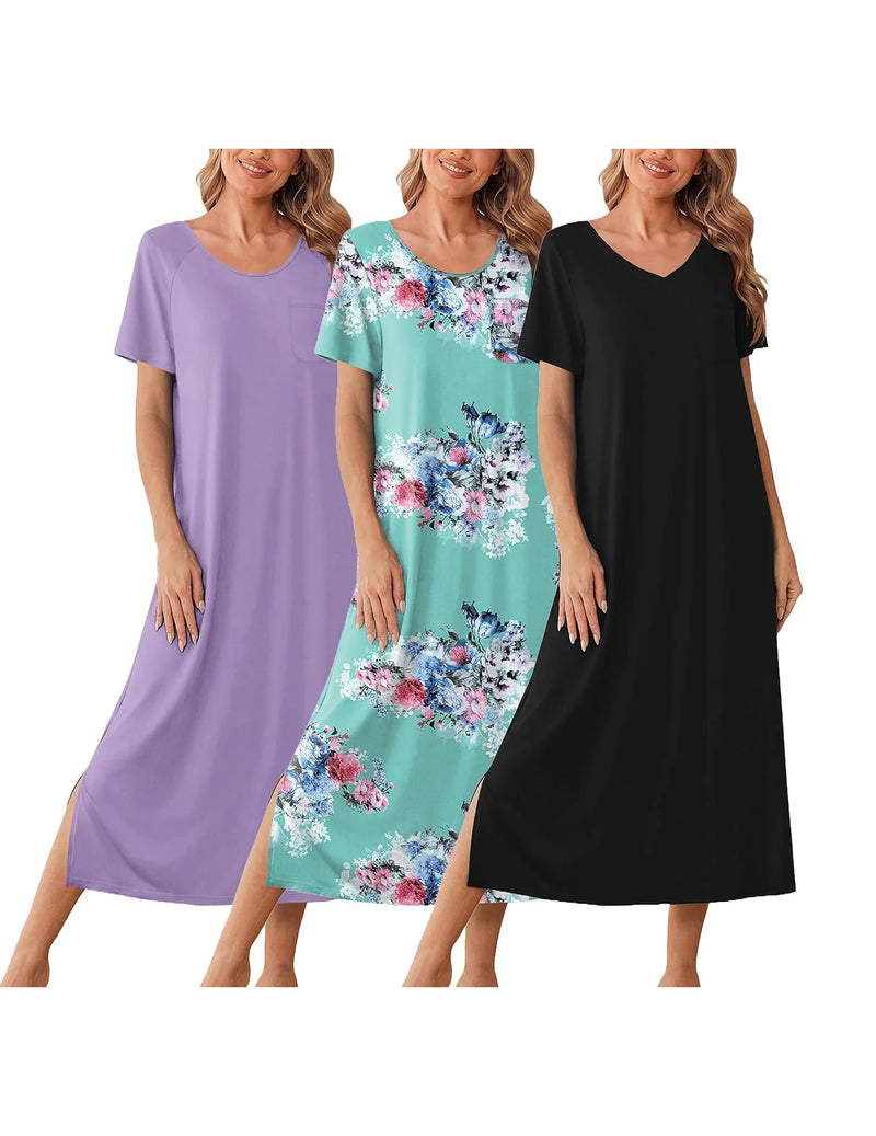 Three-pack long short-sleeve nightgowns: lilac solid, turquoise floral, and black solid.
