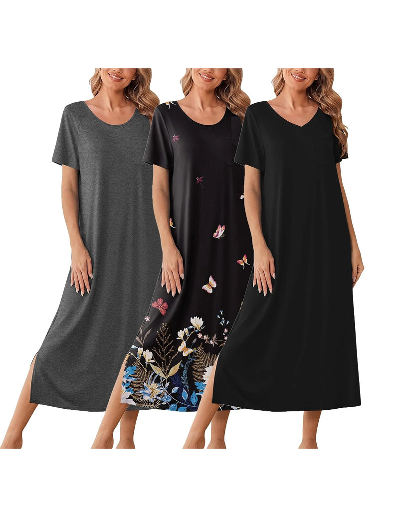 Three-pack long short-sleeve nightgowns: dark gray solid, black floral, and black solid.