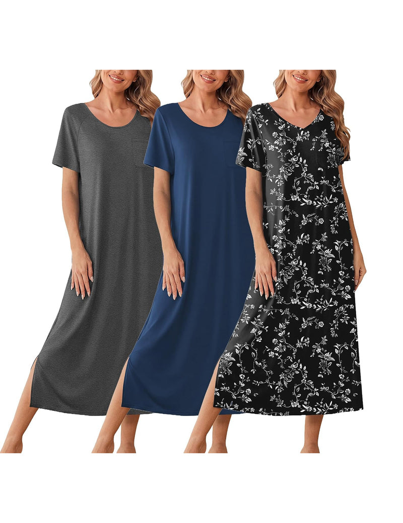 Three-pack long short-sleeve nightgowns: dark gray solid, blue solid, and black floral.