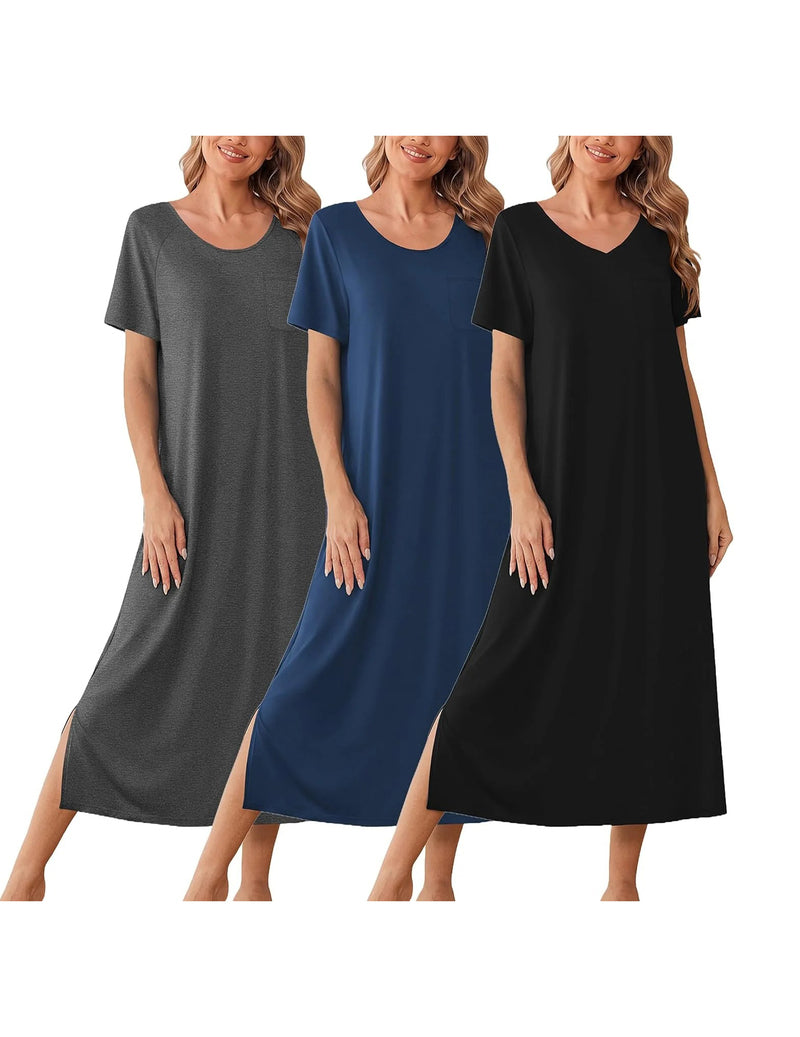 Three-pack long short-sleeve nightgowns: gray solid, blue solid, and black solid.