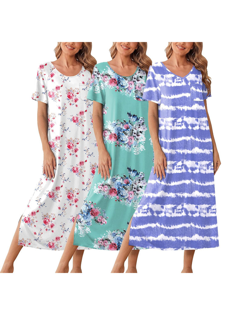 Three-pack long short-sleeve nightgowns: white floral, turquoise floral, and blue tie-dye stripes.