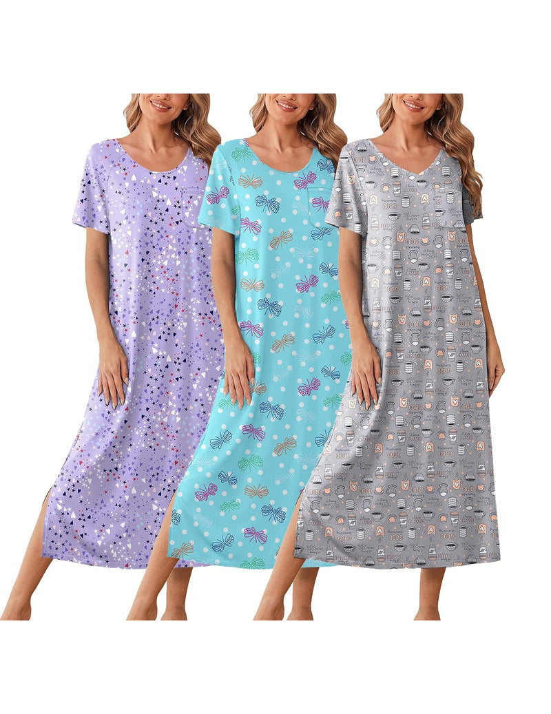 Ekouaer 3-pack long nightgowns: purple speckle, teal print, grey small pattern