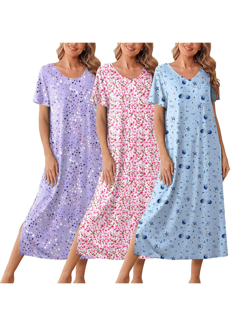 Ekouaer 3-pack long nightgowns: purple speckle, pink floral, blue star print