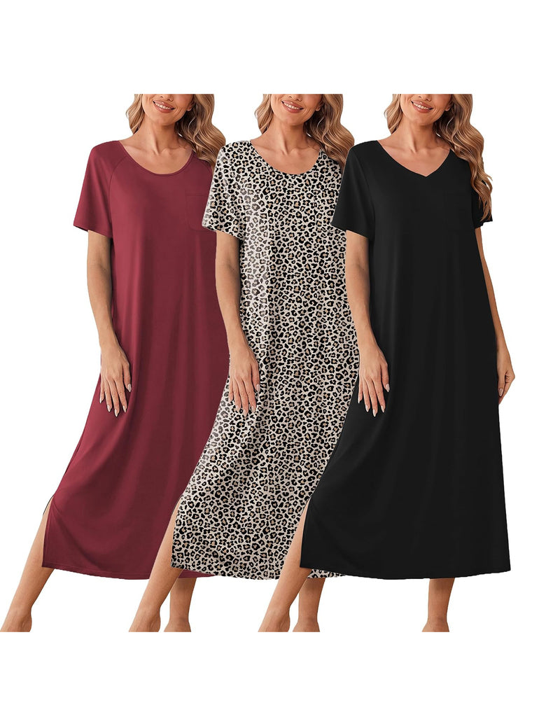 Ekouaer 3-pack long nightgowns: maroon solid, leopard print, black solid