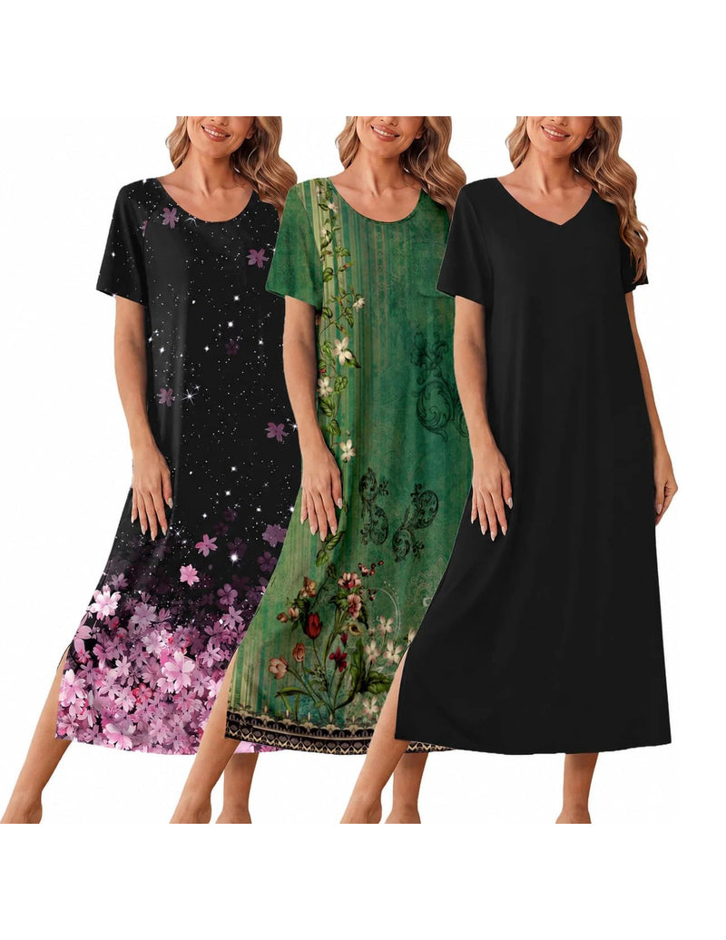 Ekouaer 3-pack long nightgowns: black floral star, green medallion floral, black solid