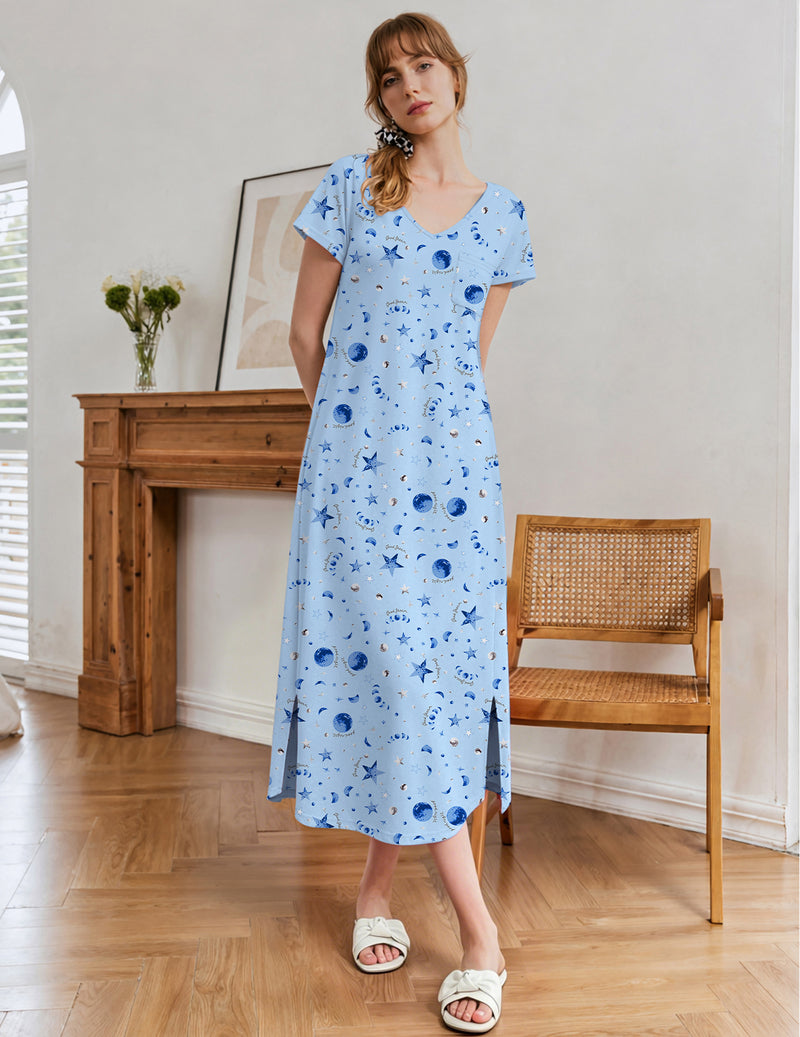 Lilac long nightgown with short sleeves and allover star speckle print