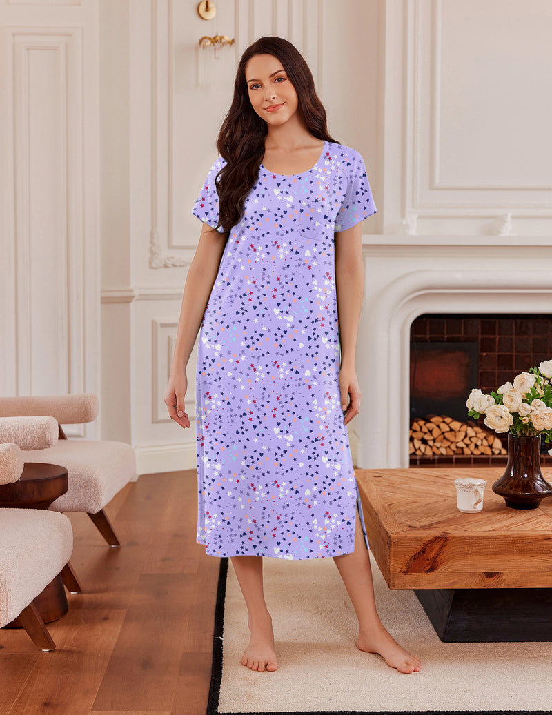 Lilac long nightgown with short sleeves and allover star speckle print